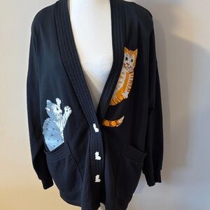 VTG Linda Lori Crazy Cat Lady Oversized Black Cardigan. One Size Fits All